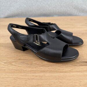 SAS Womens Suntimer Heeled Sandal Shoes Size 7.5 Slim AAA Black Leather Comfort
